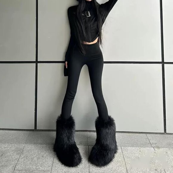 Women's Faux Fur Snow Boots Mid Calf Fuzzy Warm Leather Lined Winter Shoe - Picture 4 of 6